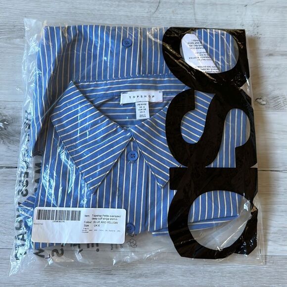 Topshop Petite oversized deep cuff stripe shirt blue & yellow Size 2 NWT in pkg - Picture 5 of 7